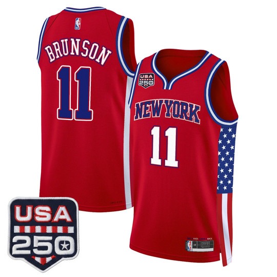 Men's New York Knicks #11 Jalen Brunson Red America 250 Edition Swingman Stitched Jersey