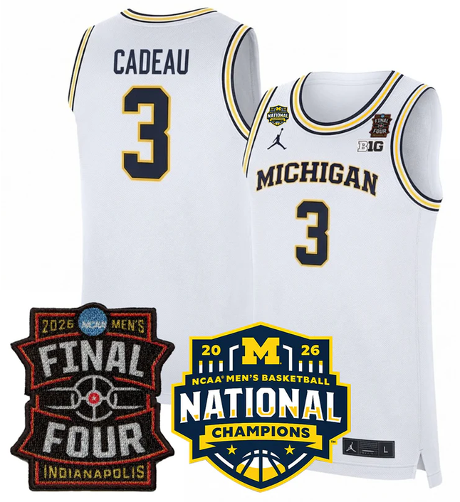 Men's Michigan Wolverines #3 Elliot Cadeau White 2025-26 Final Four & National Champions Patch Stitched Basketball Jersey