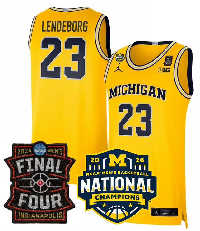 Men's Michigan Wolverines #23 Yaxel Lendeborg Yellow 2025-26 Final Four & National Champions Patch Stitched Basketball Jersey
