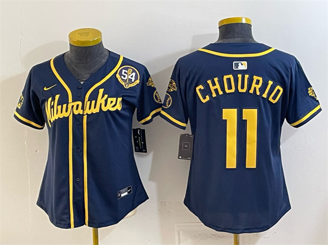 Women's Milwaukee Brewers #11 Jackson Chourio Navy With Home & Bob Uecker Patch Limited Stitched Jersey(Run Small)