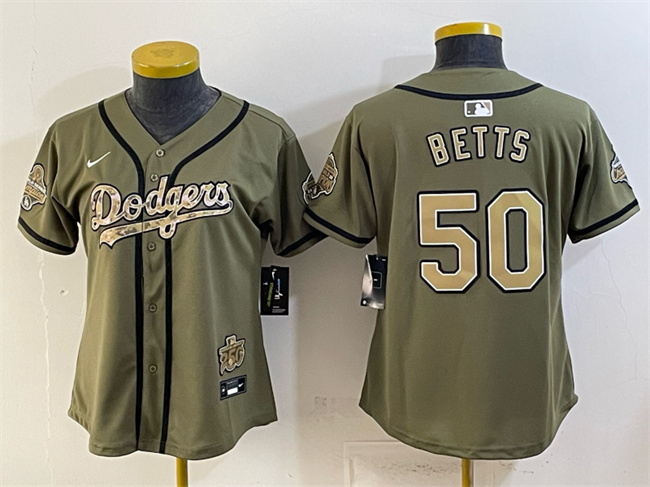 Women's Los Angeles Dodgers #50 Mookie Betts Olive 2026 Military Appreciation Game Day Stitched Baseball Jersey(Run Small)