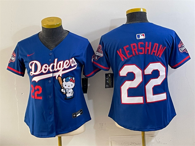Women's Los Angeles Dodgers #22 Clayton Kershaw Royal Hello Kitty Night 2025 World Series Champions Patch Stitched Baseball Jersey(Run Small)