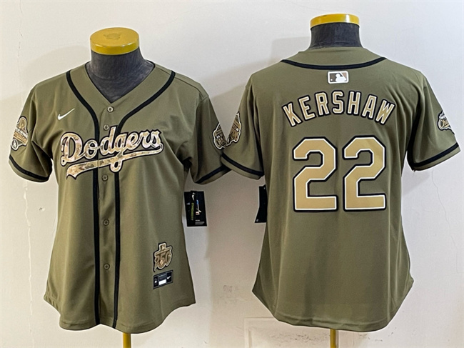 Women's Los Angeles Dodgers #22 Clayton Kershaw Olive 2026 Military Appreciation Game Day Stitched Baseball Jersey(Run Small)