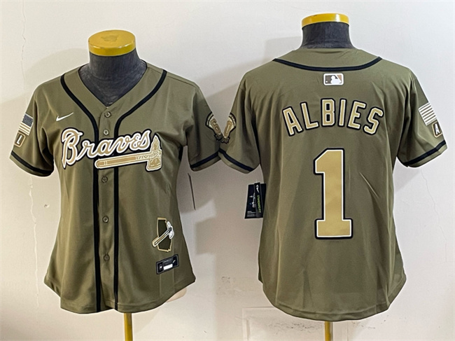 Women's Atlanta Braves #1 Ozzie Albies Olive 2026 Armed Forces Day Stitched Baseball Jersey(Run Small)