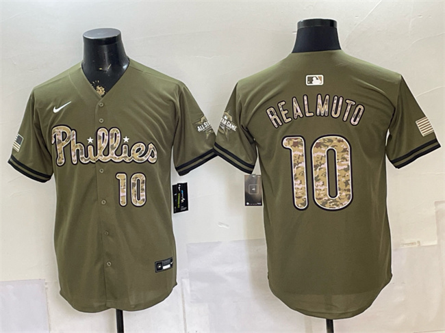 Men's Philadelphia Phillies #10 J.T. Realmuto Olive 2026 Armed Forces Day Stitched Baseball Jersey