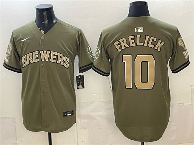 Men's Milwaukee Brewers #10 Sal Frelick Olive 2026 Armed Forces Day Stitched Baseball Jersey