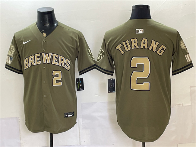 Men's Milwaukee Brewers #2 Brice Turang Olive 2026 Armed Forces Day Stitched Baseball Jersey