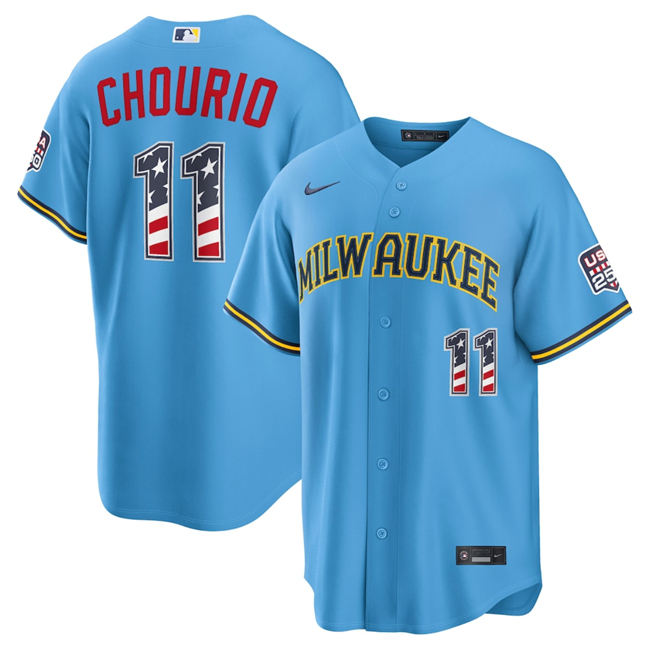 Men's Milwaukee Brewers #11 Jackson Chourio Blue 2026 USA 250 Fourth of July Home Stadium Stitched Baseball Jersey