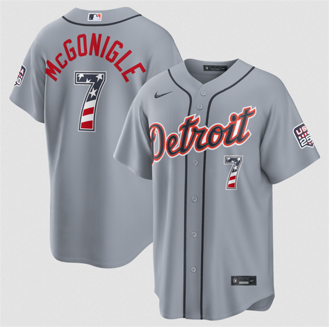 Men's Detroit Tigers #7 Kevin McGonigle Grey 2026 USA 250 Fourth of July Stitched Baseball Jersey