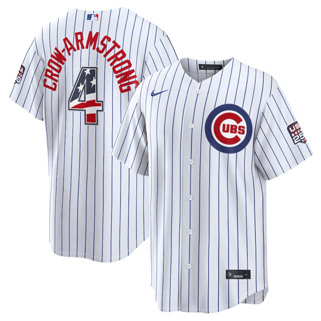 Men's Chicago Cubs #4 Pete Crow-Armstrong White 2026 USA 250 Fourth of July Home Stadium Stitched Baseball Jersey