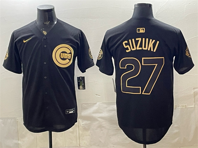 Men's Chicago Cubs #27 Seiya Suzuki Black Gold 150th Anniversary Patch Stitched Baseball Jersey