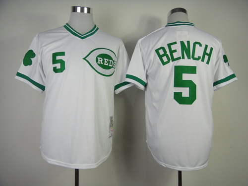 Cincinnati Reds #5 Johnny Bench St. Patrick's Day White Throwback jersey Cincinnati Reds #5 Johnny Bench St. Patrick's Day White Throwback jersey